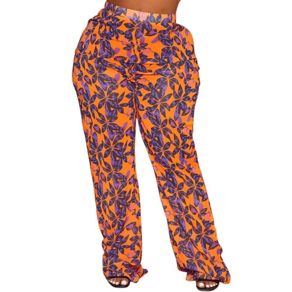 PrettyLittleThing Women's Orange Abstract Print Chiffon Flare Pants Size 24 US